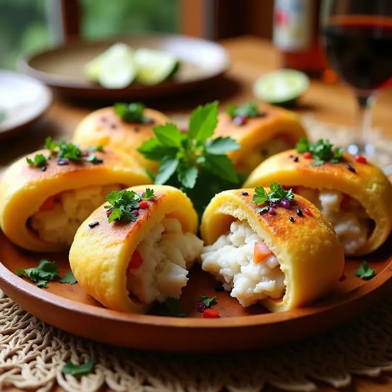 Plato de arepas de yuca doradas rellenas de pescado a la parrilla desmenuzado, acompañadas de cebolla morada y pimiento rojo salteados. Receta caribeña sin harina y alta en omega-3.