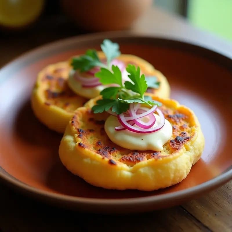 Arepas doradas de yuca y plátano macho rellenas de queso de anacardos cremoso, servidas en plato de barro con cebolla morada y cilantro fresco. Desayuno colombiano-venezolano sin gluten y vegano.