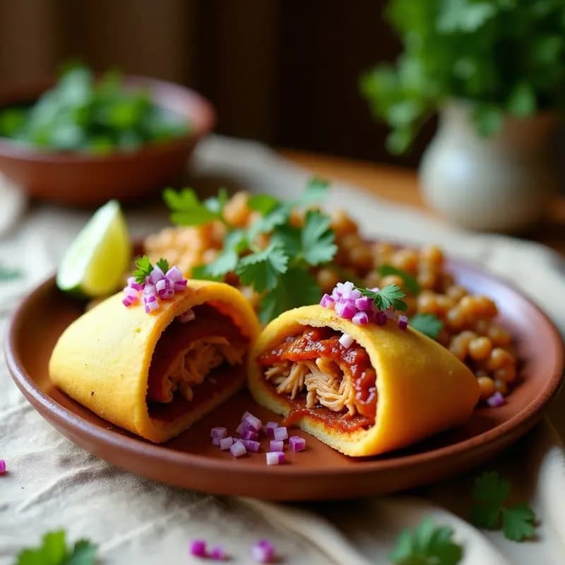 Arepas doradas de yuca abiertas por la mitad, rellenas de pollo desmenuzado al ají panca con cebolla morada y cilantro fresco, servidas en un plato de barro rústico sobre un mantel de lino beige.