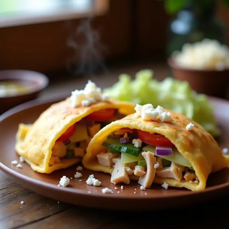Arepas venezolanas doradas de harina de yuca rellenas de pollo desmenuzado sazonado, servidas en un plato de madera con cilantro fresco y rodajas de aguacate. Receta sin gluten y alta en proteína.