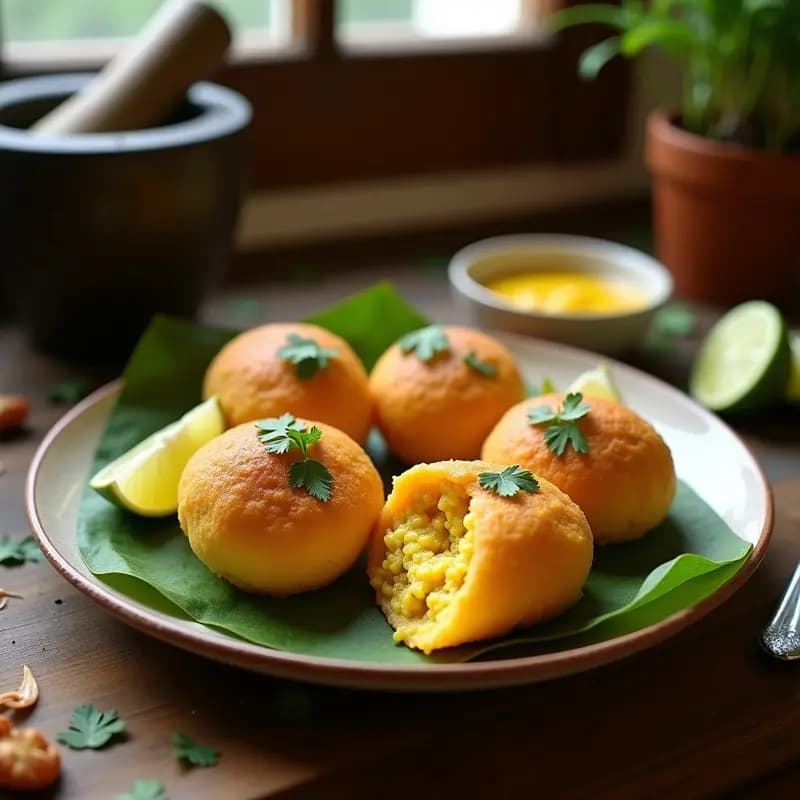 Arepas doradas y crujientes de yuca rellenas de pollo al curry, cocinadas en comal, servidas sobre hoja de plátano con cilantro fresco y rodajas de limón.