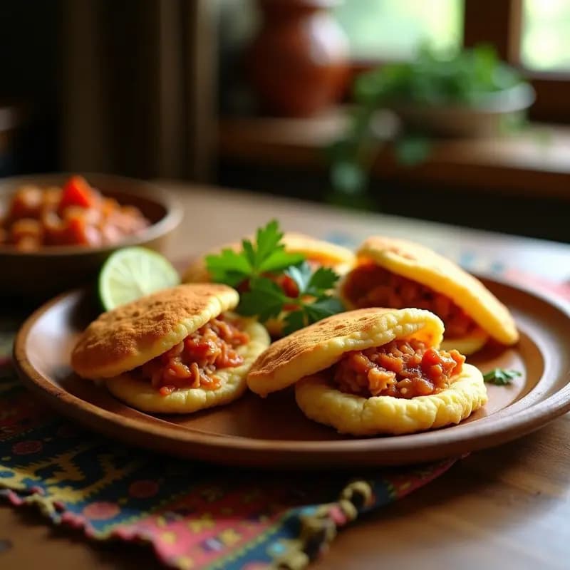 Arepas doradas de yuca rellenas de pollo guisado, cocinadas en airfryer, servidas en un plato blanco con cilantro fresco y rodajas de limón, receta venezolana sin harina.