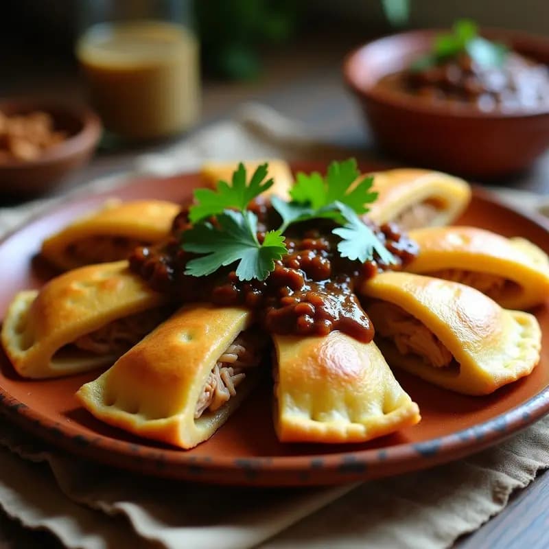 Arepas doradas de yuca rallada abiertas por la mitad, rellenas de pollo desmenuzado jugoso y cubiertas con mole caribeño oscuro y brillante, decoradas con cilantro fresco sobre un plato de barro rústico.