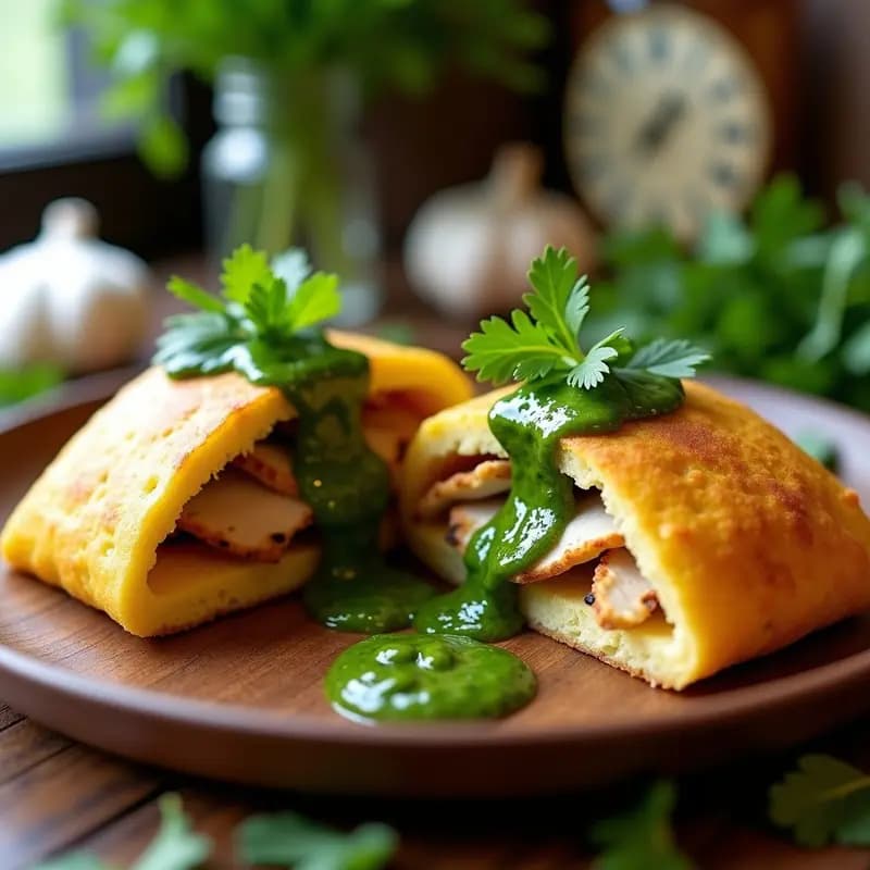 Arepas doradas de yuca rellenas de tiras de polo a la plancha, bañadas en chimichurri verde fresco, servidas en un plato de madera rústico con hierbas frescas al fondo.