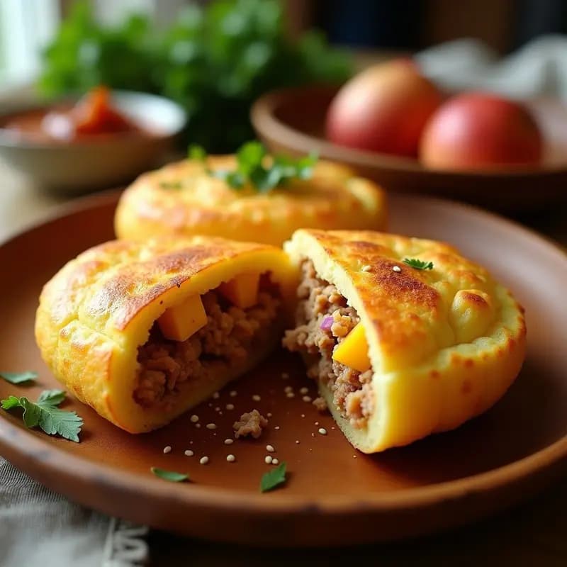 Arepas doradas y crujientes de yuca rellenas de pulled pork y trozos de mango, servidas en un plato de madera con queso fresco desmenuzado y láminas de mango fresco. Receta colombiano-caribeña en airfryer.