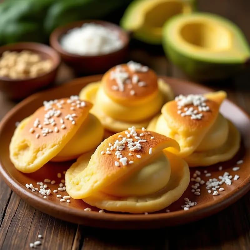 Arepas doradas de yuca con semillas de sésamo tostado, servidas en un plato rústico con relleno cremoso de pulpa de guanábana y coco rallado, postre colombiano sin gluten.