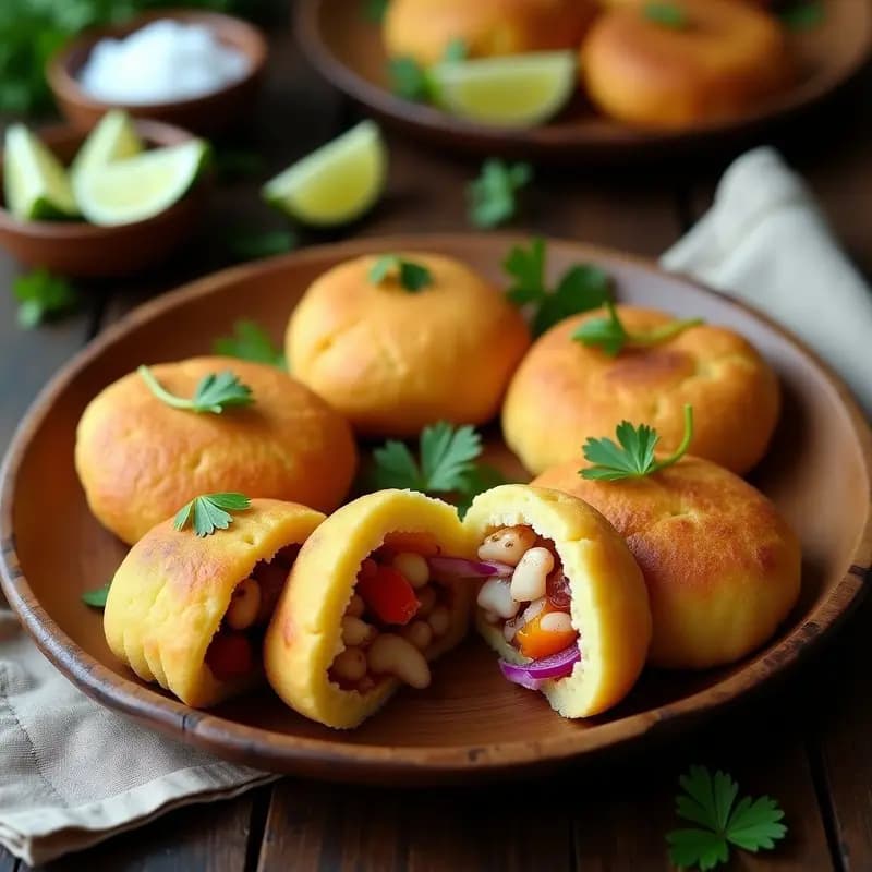 Arepas doradas de yuca abiertas por la mitad, rellenas de pulpo en trozos marinado en ají amarillo y limón, con cebolla morada y cilantro fresco. Plato con fondo rústico de madera y limones verdes como decoración, receta colombiana sin gluten con toque costero.