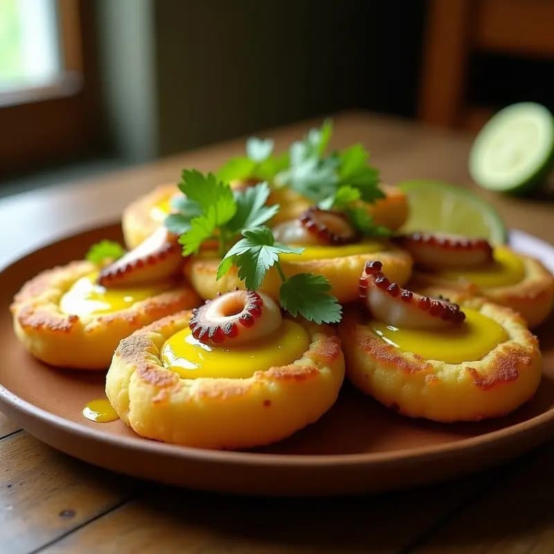 Arepas doradas y crujientes de yuca rellenas de pulpo al ají limón, servidas en un plato de madera rústico con rodajas de limón y cilantro fresco. Receta gourmet colombiana-venezolana.