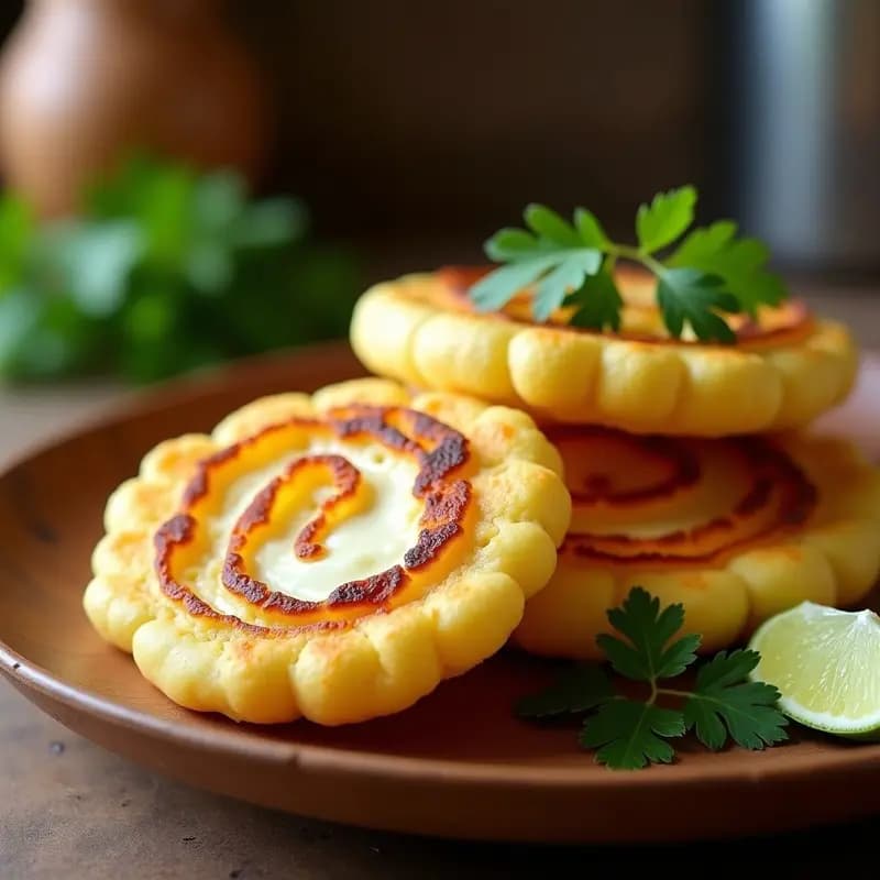 Arepas doradas y crujientes de yuca rallada con vetas de queso de almendras cremoso, servidas sobre un plato de madera rústico con hojas de perejil fresco y rodajas de limón verde al lado. Receta colombiana keto y sin harina.
