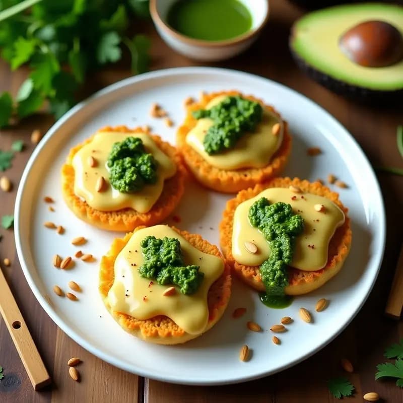 Arepas doradas de yuca rellenas de queso de almendras derretido, servidas en plato de cerámica blanca con pesto de cilantro verde vibrante y semillas de girasol, desayuno keto colombiano.