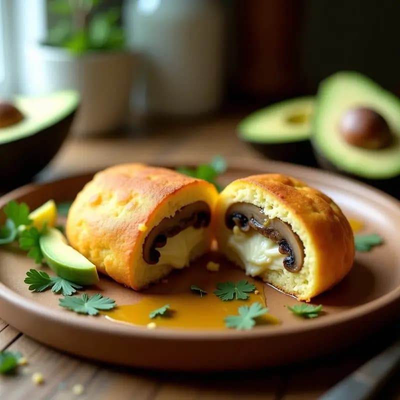 Arepas doradas de yuca rellena de queso de anacardo cremoso y champiñones salteados, servidas en un plato de madera con aguacate y perejil fresco, receta vegana sin gluten.