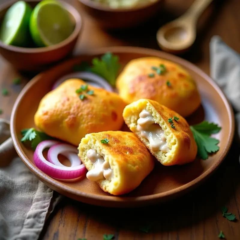 Arepas doradas y crujientes de yuca rellenas de queso cremoso de anacardos, servidas en un plato de madera con rodajas de pimentón rojo, cebolla morada y cilantro fresco. Receta colombiana sin gluten preparada en airfryer.