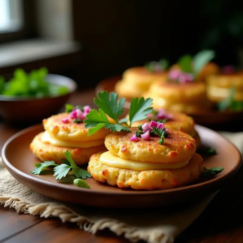 Arepas doradas y crujientes de yuca rellenas de queso cremoso de anacardos, servidas en un plato de madera rústico con cilantro fresco y cebolla morada picada. Receta vegana sin gluten con toque colombiano.