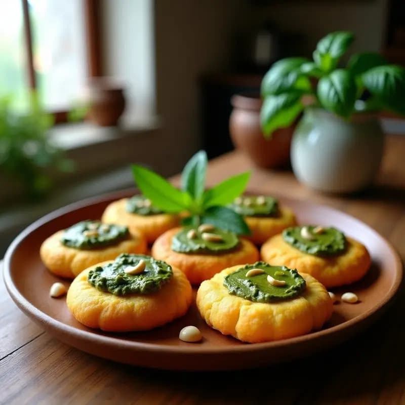 Arepas doradas y crujientes de yuca rellenas de queso de anacardos cremoso y pesto de albahaca verde, servidas sobre un plato de madera con un hilo de aceite de oliva virgen extra.