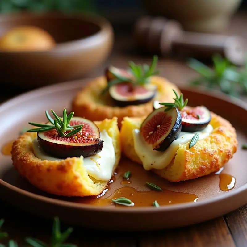Arepas doradas de yuca abiertas por la mitad, rellenas de queso de cabra cremoso y higos frescos macerados en miel y romero, servidas en plato de madera rústico con fondo borroso de cocina.