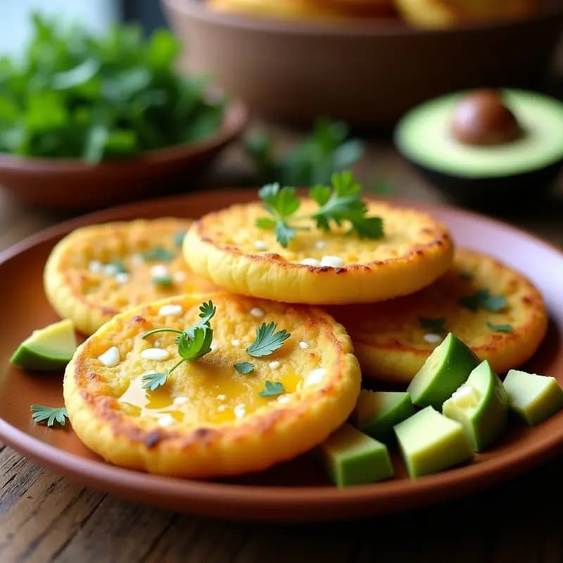 Arepas venezolanas doradas y crujientes de yuca y queso de cabra keto, servidas en un plato de barro con aguacate en cubos y perejil fresco, receta sin harina y alta en proteína.