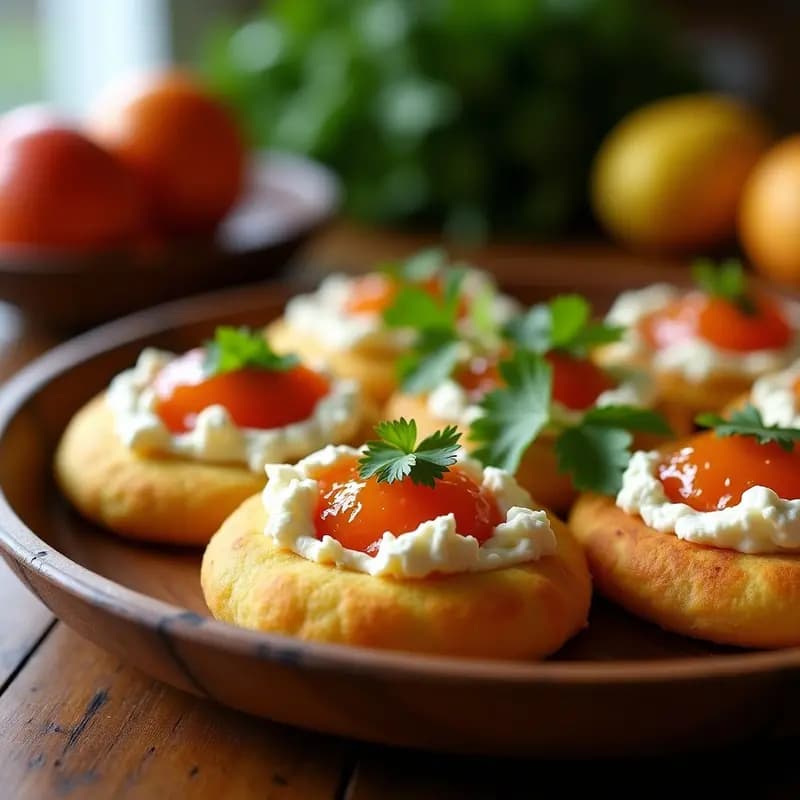 Arepas doradas de yuca rellenas de queso de cabra blanco desmenuzado y mermelada de guayaba brillante, servidas sobre un plato de madera rústico con hojas de cilantro fresco. Receta colombiana sin maíz y sin gluten.