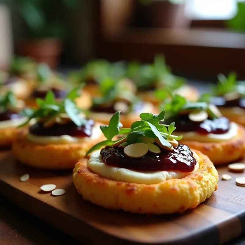 Arepas doradas de yuca rellenas de queso de cabra cremoso y coronadas con mermelada de higo brillante, servidas en una bandeja de madera rústica con hojas de rúcula y almendras tostadas. Entrante colombiano dulce-salado y sin gluten.