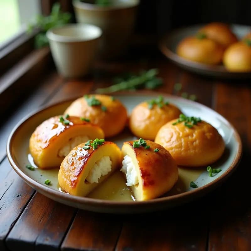 Arepas doradas de yuca con trozos de queso de cabra desmenuzado y un hilo brillante de miel de abejas, decoradas con cebollino picado sobre un plato de cerámica negra, receta colombiana gourmet en sartén.