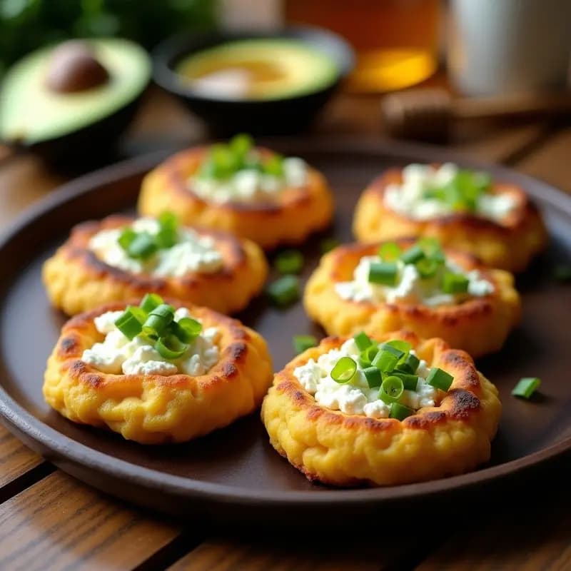 Arepas doradas de yuca y queso de cabra en un plato de barro, con textura crujiente por fuera y fundente por dentro, acompañadas de rodajas de aguacate y cilantro fresco. Receta colombiana sin harina de maíz.