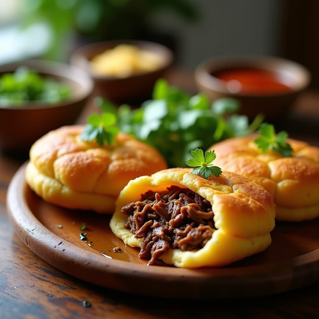 Arepas doradas de yuca y queso de castaña rellenas de pull apart de res, servidas en un plato de madera rústico con decoración de hojas de cilantro y un chorrito de aceite de oliva, receta colombiana gourmet.