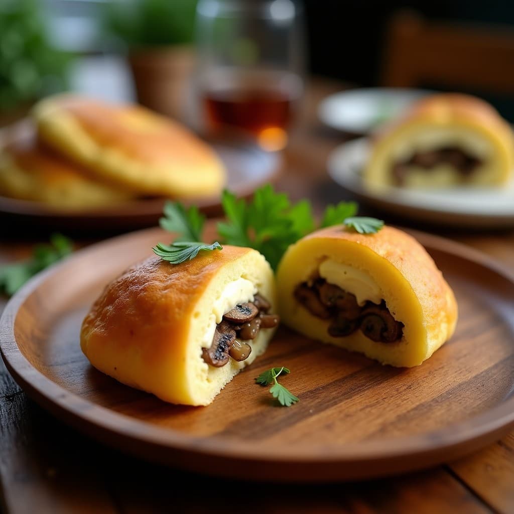Arepas doradas y crujientes de yuca con vetas de queso cremoso de castañas, abiertas para mostrar un relleno generoso de hongos shiitake salteados con ajo negro y pimentón ahumado, decoradas con perejil fresco sobre un plato de madera rústico, receta vegana colombiana sin gluten.