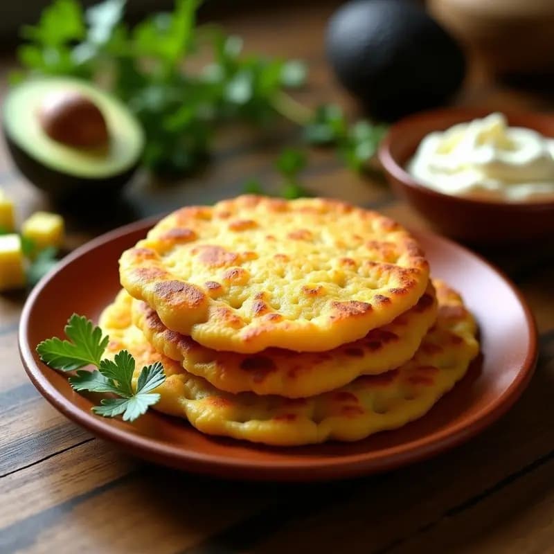 Arepas doradas y crujientes de yuca y queso de castañas keto, apiladas sobre un plato de madera rústico con aguacate en cubos y hojas de cilantro fresco. Desayuno colombiano-venezolano sin lactosa y sin gluten.