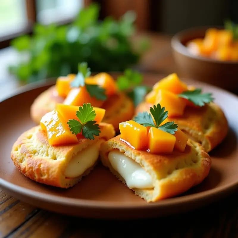 Arepas doradas de yuca abiertas por la mitad, rellenas de queso mozzarella derretido y coronadas con chutney de mango brillante, servidas en un plato de barrito con hojas de cilantro fresco. Receta colombiana sin harina.