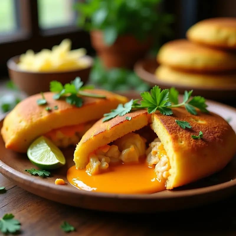 Arepas doradas de yuca y queso de cúrcuma abiertas por la mitad, rellenas de pollo al curry con salsa cremosa y cilantro fresco, servidas en plato de madera rústico.