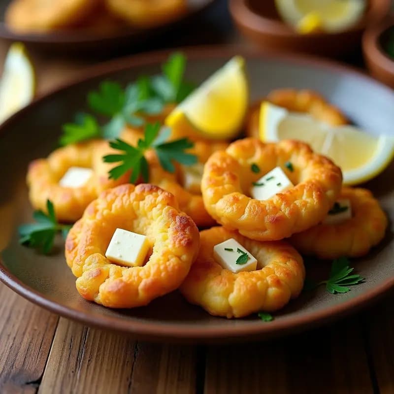 Arepas doradas y crujientes de yuca y queso feta servidas en un plato de barro, con trozos de queso feta derretido asomando por los bordes. Acompañadas de rodajas de limón y hojas de perejil fresco. Receta venezolana sin gluten en airfryer.