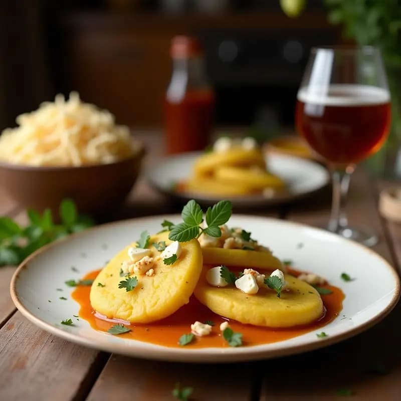 Arepas doradas de yuca y queso feta en airfryer, decoradas con tomates cherry y aceitunas kalamata sobre un plato de madera rústico, con fondo de hierbas frescas y un chorrito de aceite de oliva.