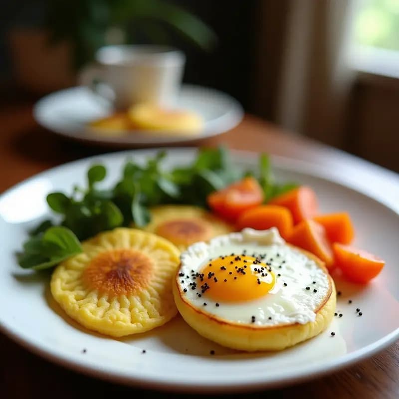 Arepas doradas de yuca y queso feta sobre bandeja de madera, con trozos de queso feta desmenuzado y hojas de menta fresca. Desayuno colombiano con toque griego, sin gluten y alto en proteínas.