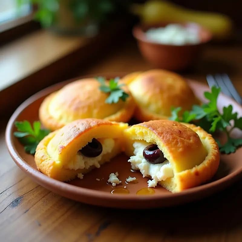 Arepas de yuca doradas y crujientes rellenas de queso feta desmenuzado y aceitunas kalamata, servidas en un plato rústico de barro con rodajas de aguacate y hierbas frescas, desayuno venezolano sin gluten.