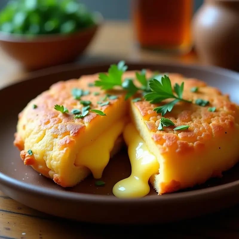 Arepas de yuca doradas y crujientes rellenas de queso frito, servidas en un plato rústico con perejil fresco y ají al lado. Receta colombiana tradicional sin gluten.