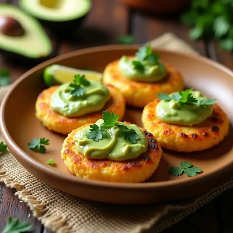 Arepas doradas y crujientes de yuca con queso vegano de semilla de girasol, servidas en un plato rústico de madera con rodajas de aguacate y guasacaca, receta venezolana sin lácteos ni gluten.