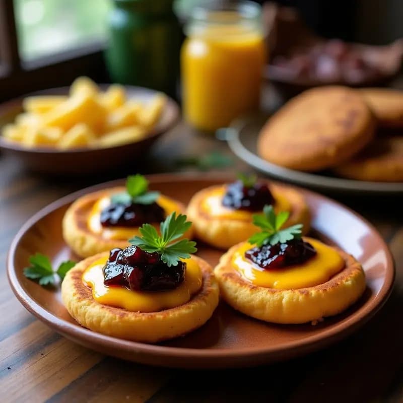 Arepas doradas de yuca con queso guayanés derretido y mermelada de higo, servidas en plato de barro con cilantro fresco, receta venezolana sin gluten.