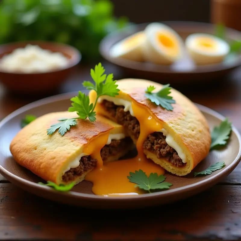 Arepas venezolanas doradas y crujientes de harina de yuca rellenas de queso de mano derretido y pabello de carne mechada, servidas en un plato rústico con ají dulce al lado.