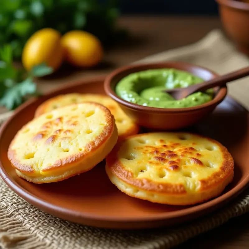Arepas doradas y crujientes de yuca rellenas de queso de manos desmenuzado, servidas en un plato de barro con guasacaca cremosa de aguacate y cilantro al lado. Desayuno colombiano sin gluten en airfryer.