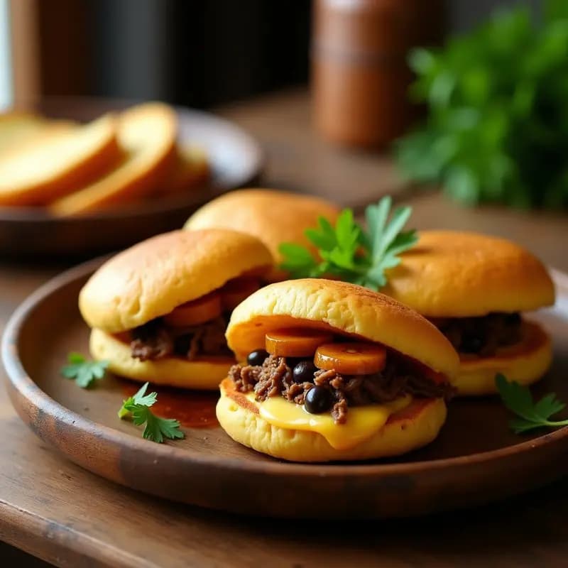 Arepas doradas de yuca con textura esponjosa, rellenas de pabellón venezolano con carne mechada, frijoles negros, plátano maduro y queso de mano derretido, servidas en un plato rústico con cilantro fresco.