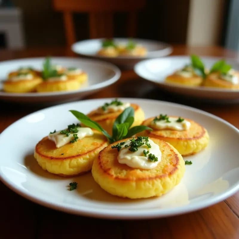 Arepas doradas y crujientes de yuca rellenas de queso de soja cremoso y champiñones salteados, servidas en un plato de barro con perejil fresco y rodajas de limón al lado. Receta venezolana sin gluten.
