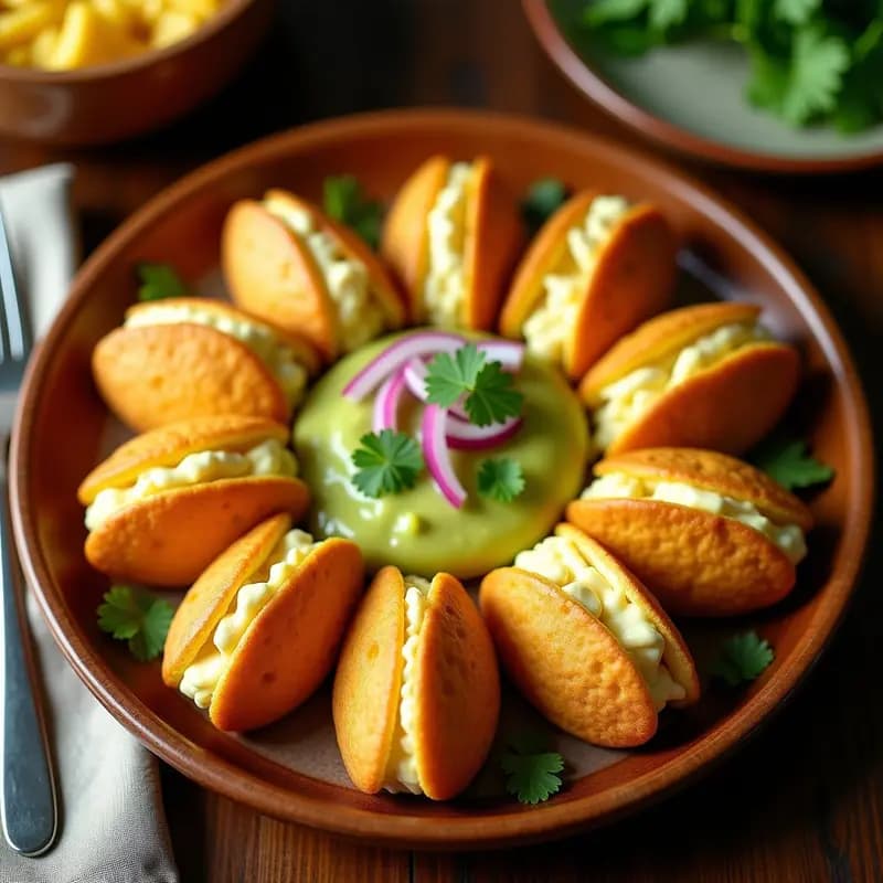 Plato con arepas doradas de yuca rellenas de queso vegano, acompañadas de salsa guasacaca verde y decoradas con hojas de cilantro, receta colombiana sin maíz ni lactosa.