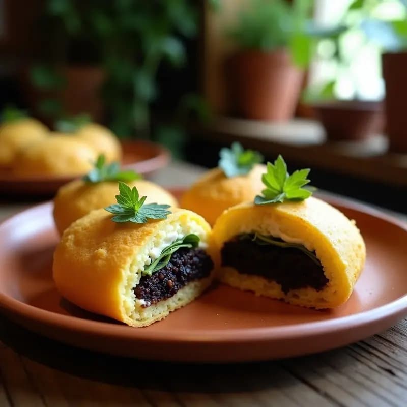 Arepas doradas de yuca rellenas de queso vegano cremoso y huitlacoche oscuro, servidas en un plato de barro con hojas de epazote y rodajas de limón. Receta fusión colombiano-mexicana, sin gluten y vegana.