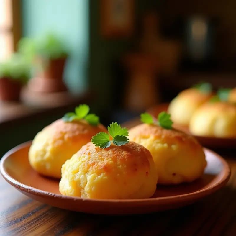 Arepas de yuca doradas y crujientes rellenas de carimañola, servidas en un plato de barro con hojas de cilantro fresco. Receta colombiana sin gluten y extra crujiente.