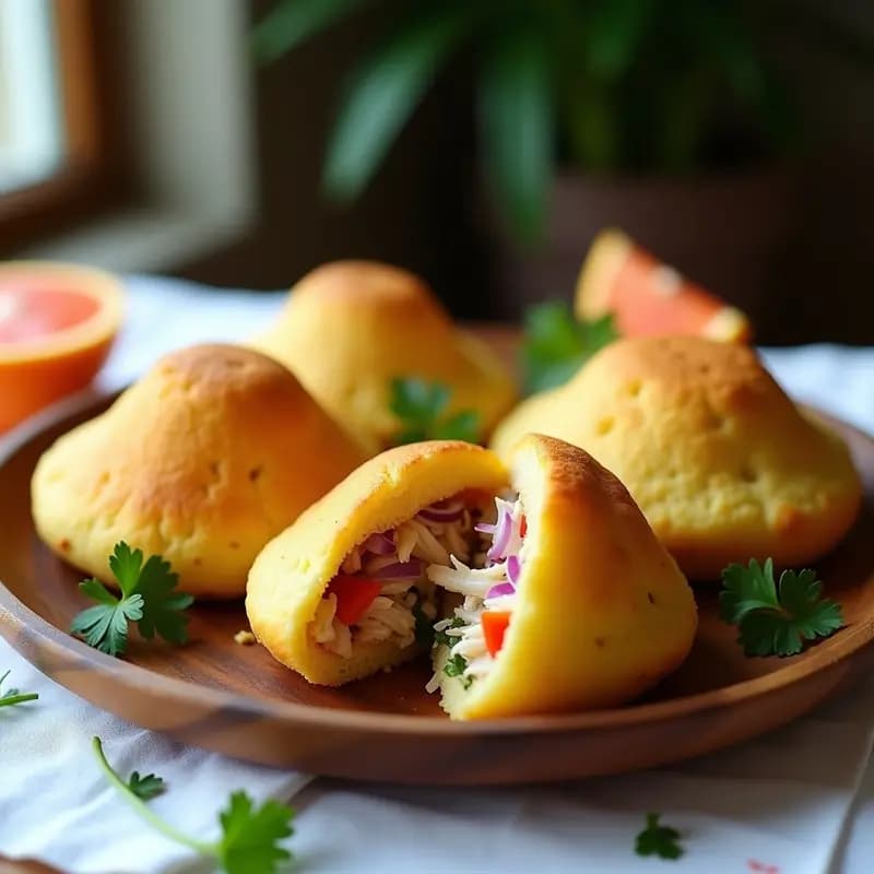 Arepas doradas de yuca abiertas por la mitad, rellenas de pollo desmenuzado jugoso con trozos de cebolla morada y pimiento rojo, decoradas con cilantro fresco sobre un plato de madera rústico. Desayuno venezolano sin gluten.