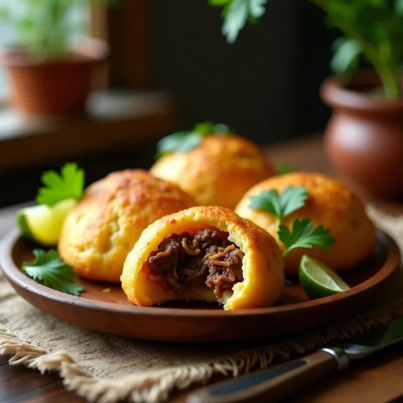 Arepas doradas y crujientes de yuca rellenas de carita de res, servidas en un plato de madera con cilantro fresco y rodajas de limón. Receta colombiana sin gluten en airfryer.
