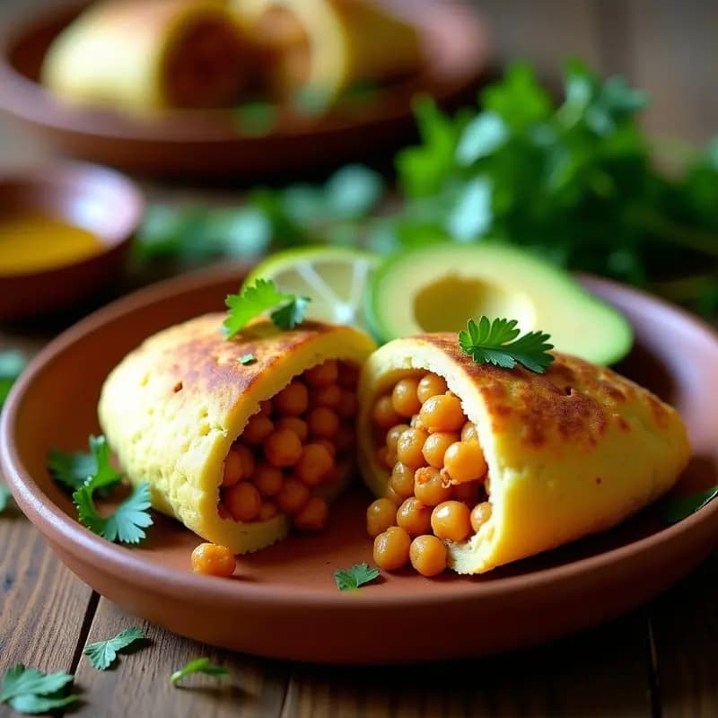 Arepas doradas de yuca abiertas por la mitad, rellenas de un desmenuzado vegano de garbanzos especiados con comino y cilantro, servidas en un plato de barro con rodajas de limón y aguacate al lado. Receta de arepas de yuca rellenas de garbanzos veganas.