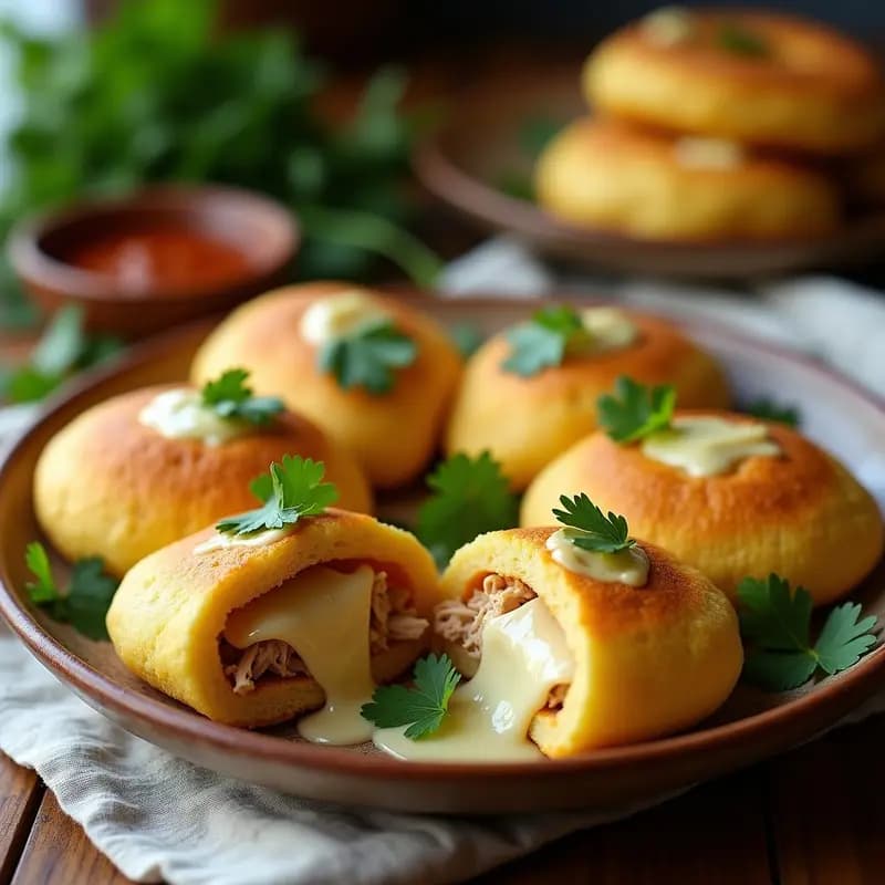 Arepas doradas de yuca rellenas de pollo desmechado y queso gratinado, servidas en un plato de barro con cilantro fresco y rodajas de limón, receta colombiana sin harina de maíz.