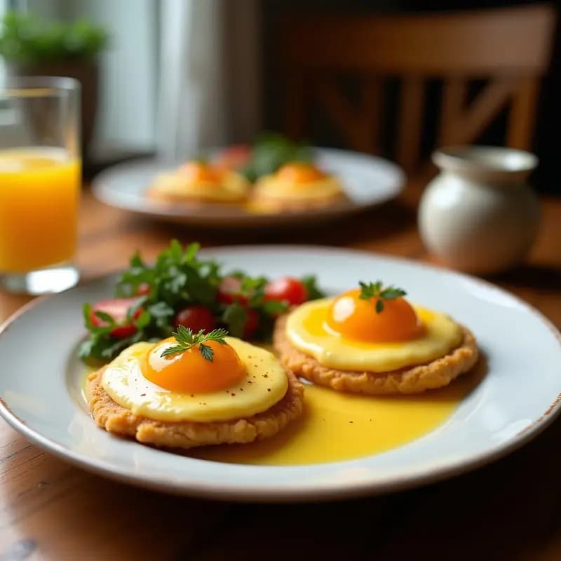 Arepas de yuca doradas y crujientes rellenas de requesón blanco desmenuzado, con un hilo de mermelada de guayaba brillante en el centro, servidas en un plato de barro sobre una mesa rústica con hojas de plátano de fondo.