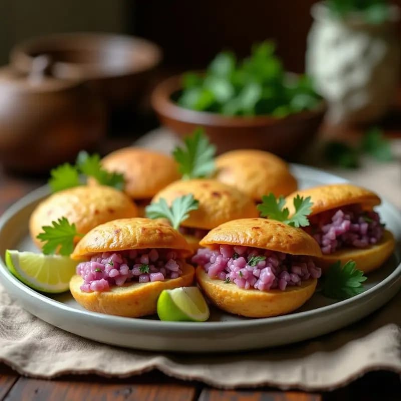 Arepas doradas y crujientes de yuca y ñame morado, rellenas de una mezcla aromática de reyena, cebolla morada y cilantro fresco. Plato servido en un mantel de lino con rodajas de limón y hojas de cilantro como decoración, receta colombiana vegana y sin gluten.