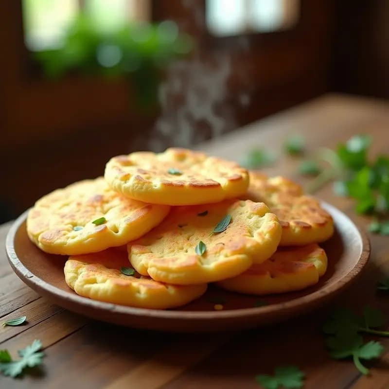 Arepas doradas y crujientes de yuca con semillas de girasol tostadas por encima, servidas en un plato de barro rústico sobre fondo de madera oscura. Receta antioqueña sin gluten en airfryer.